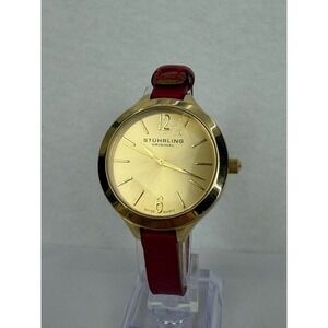 Stuhrling Original Swiss Quartz Watch Gold Tone Red Leather Strap 50M Water Res